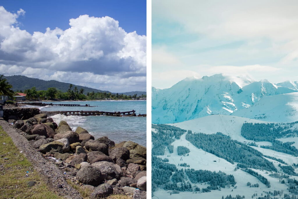 Split image showing a tropical beach on one side and snow-capped mountains on the other, illustrating the contrast in climates.